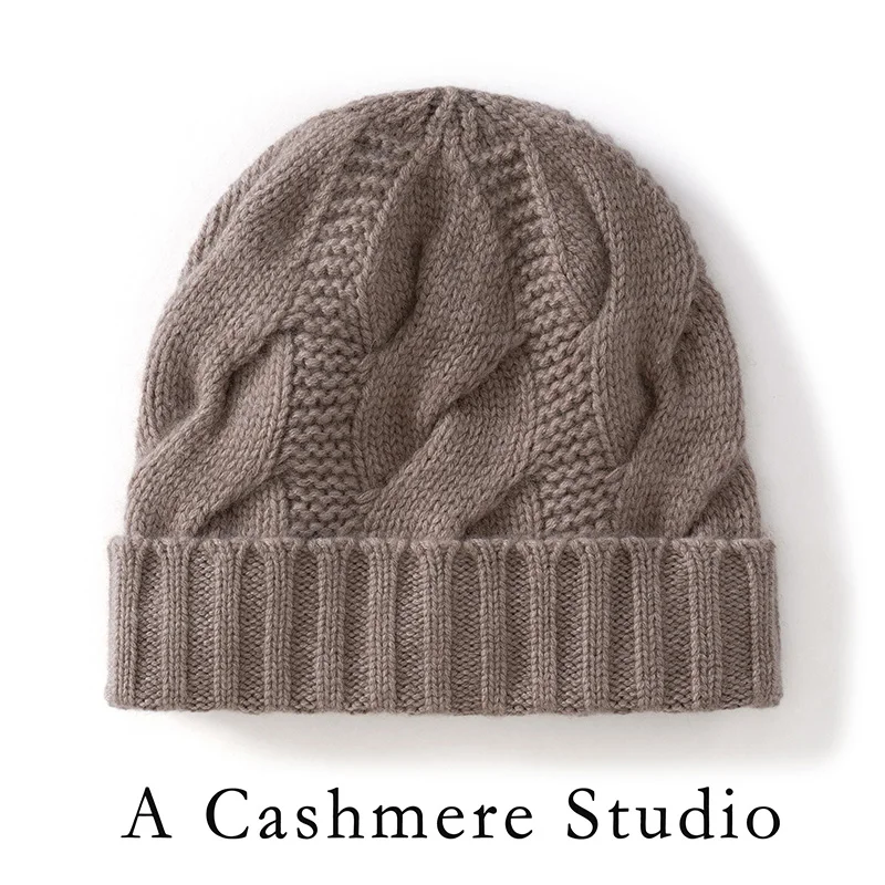 شتاء جديد المرأة الكشمير الخالص في الهواء الطلق محبوك مكبل قبعة فول بلون الملتوية زهرة سميكة الدافئة الرجال قبعة صغيرة #6