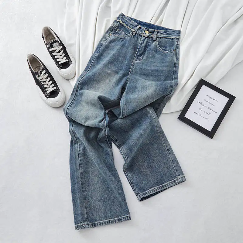 Women's Spring Autumn High Waist Wide Leg Jeans Frayed Hem Pockets Color Block Loose Fit Long Pants Commute Style No Brand