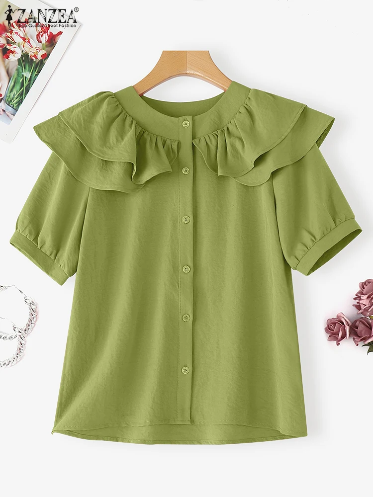 

ZANZEA 2025 Summer Office Blouses Women Shirts Elegant Short Sleeve Buttons Tops Stylish Ruffled Work OL Blusas Female Chemise