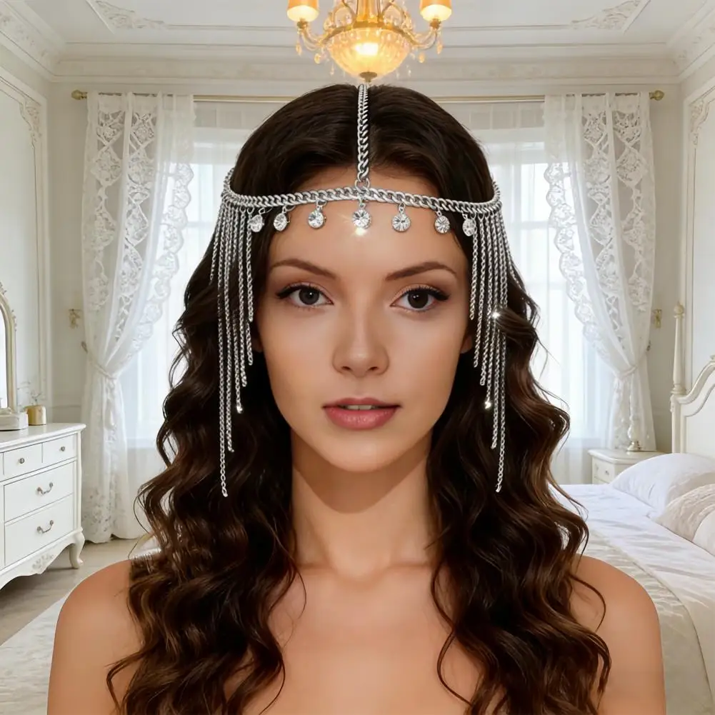 

New Hair Chain Adjustable Size Women Indian Headwear Multi-Layered Sparkling Rhinestone Tiara Headpiece with Golden Tassels