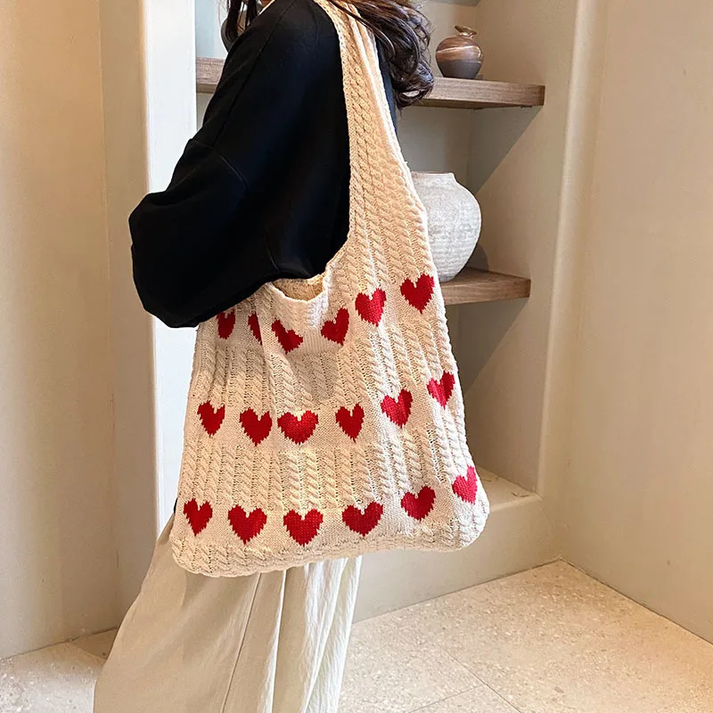 

Niche Lazy Wind Tote Bag Large Capacity Commuter Bag Knitted Underarm Bag Shoulder Bag Contrasting Color Peach Heart Big Bag