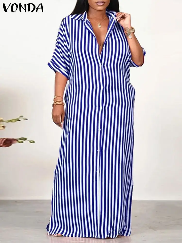 

Women Elegant Dress 2024 VONDA Fashion Half Sleeve Striped Sundress Printed Party Shirt Maxi Dress Casual Loose Robe Vestidos