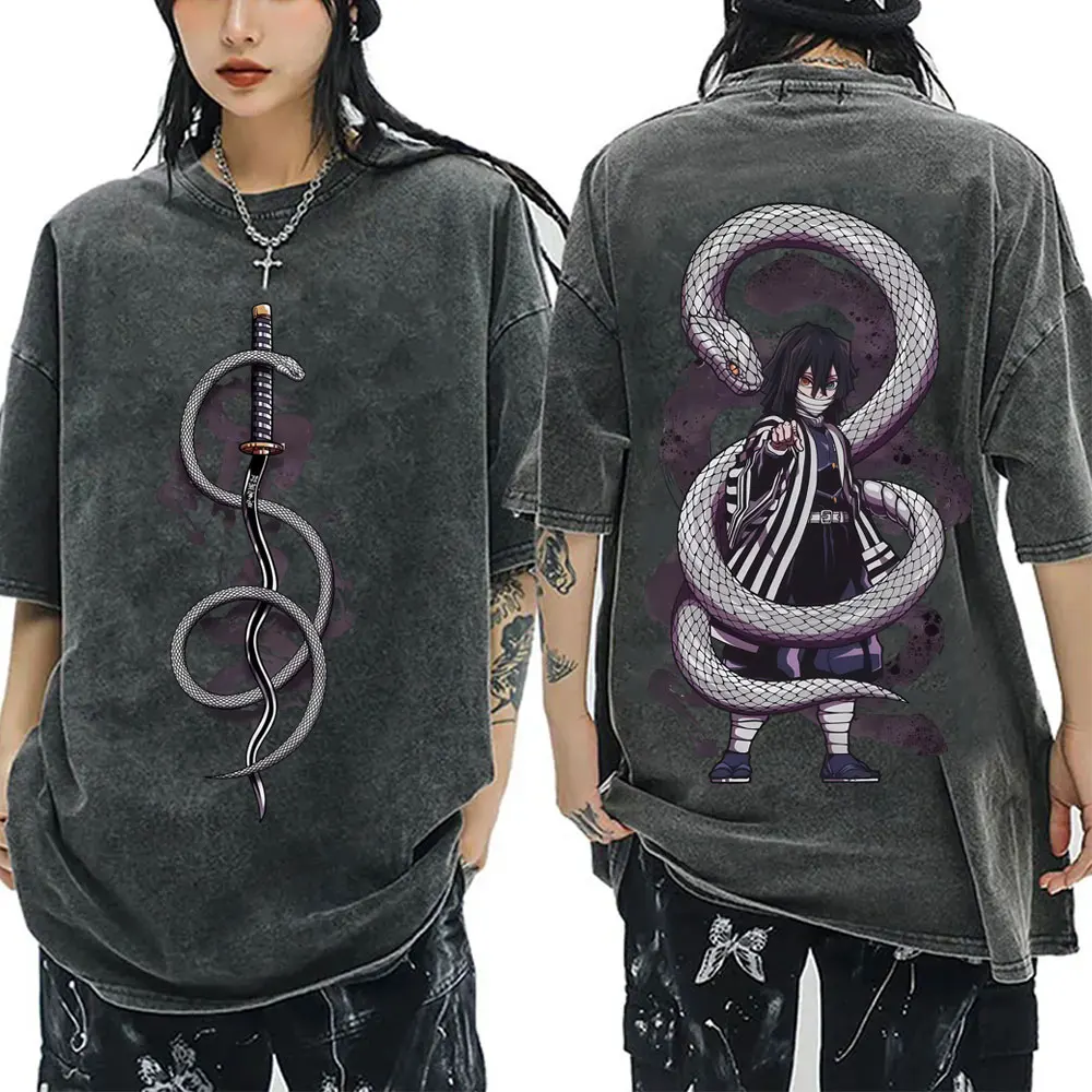 

Washed Vintage Anime Demon Slayer Serpent Hashira Iguro Obanai Graphic Print T Shirts Men Women Fashion Casual Oversized T-shirt