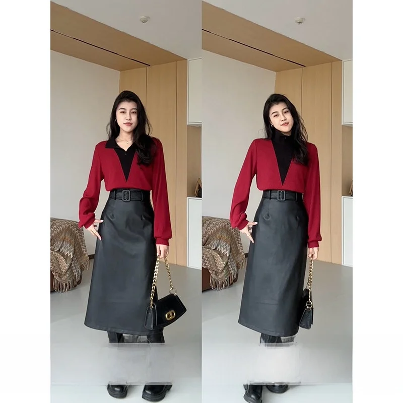 

Zhang a Xing Bla Red Contrast High Waist Knitwear Versatile Layering Faion Set ort Length Leather Skirt for Women