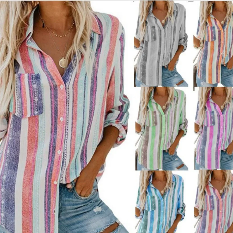 

2024 summer para mujer, camisa informal con cuello en V y botones, holgada, de manga larga, estilo bohemio, para otoño