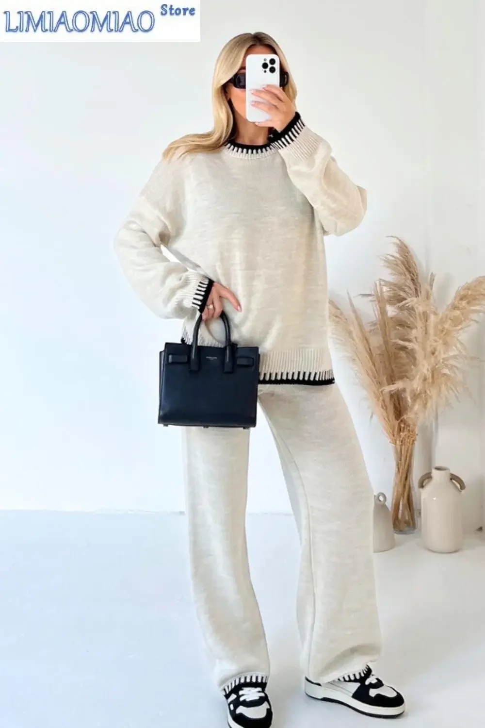 

Casual Women 2 Pieces Sets Knitted Sweater Pullovers Wide Leg Long Pants Autumn Female Office Suit Outfits Loungewear