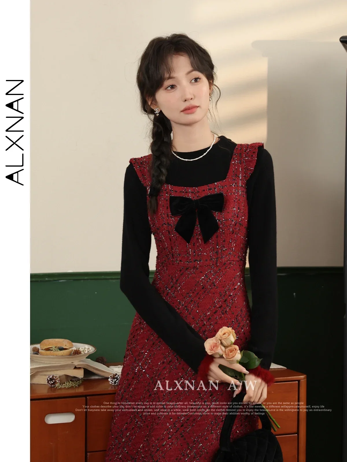 ALXNAN grande taille robe rouge sans manches 2025 automne col carré nœud élégant a-ligne femmes robes mi-longues vendu séparément D01008