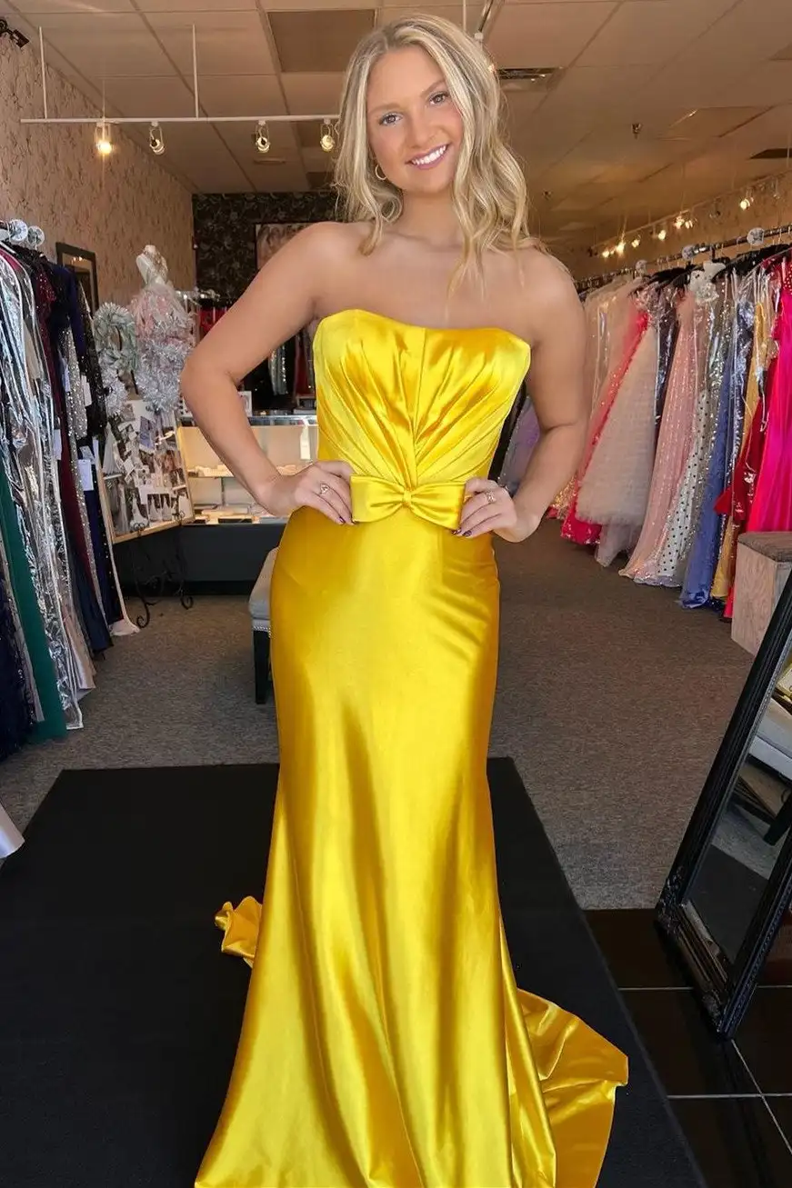 Strapless Long Satin Prom Dresses Sleeveless Boat Neck Mermaid Cocktail Wedding Guest Ruched Foraml Evening Gowns Cocktail Gowns