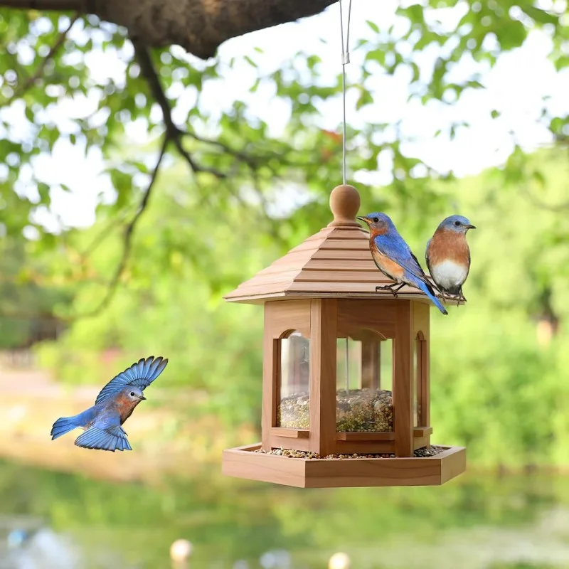 Wooden Bird Feeder for Outdoors Hanging, Red Cedar Hexagon Shaped Large Capacity, Cardinal Birdfeeder for Garden Decoration