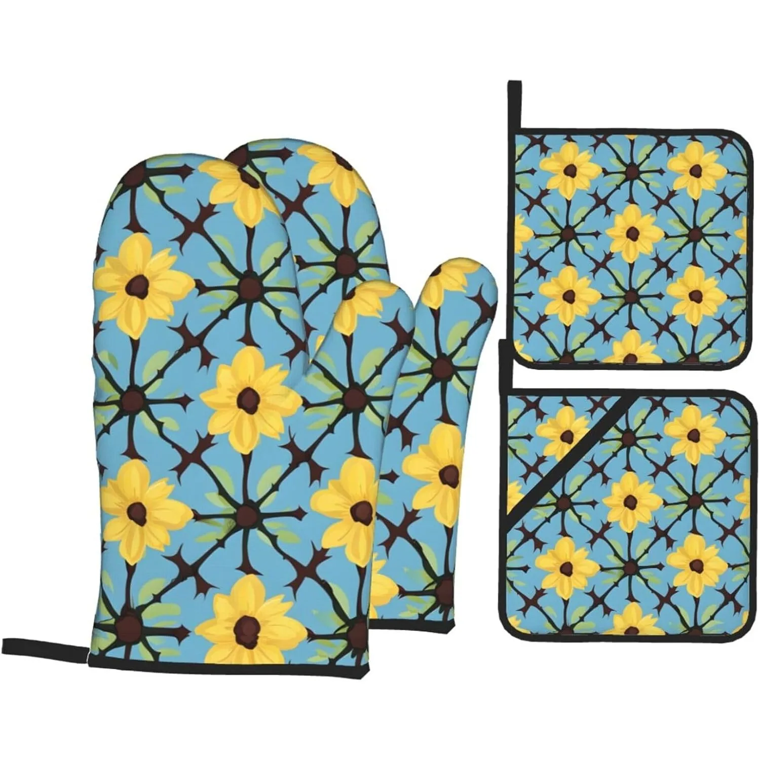 Flowers and Vines Oven Mitts and Pot Holders 4 Pcs Set, Heat Resistant Cooking Baking Gifts