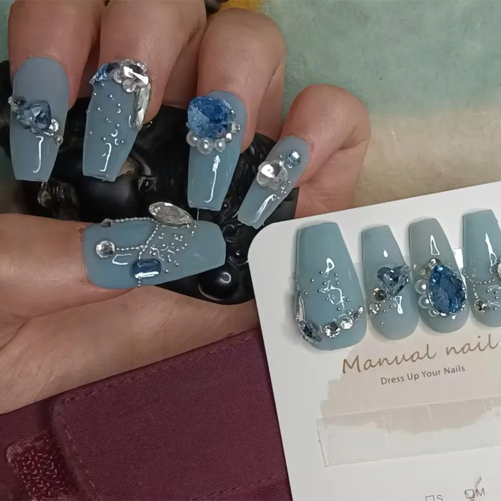 10 pçs de alta qualidade artesanal imprensa em unhas azul artesanal usando ponta do prego artificial reunião família diy salões de unhas