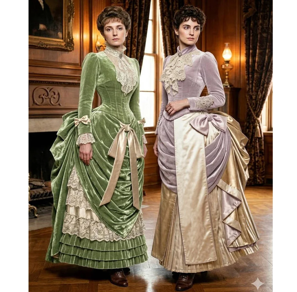 Custom Made 18th Century Victorian Bustle Green/Purple Velvet Ball Gown Gothic Civil War Women Wedding Dress