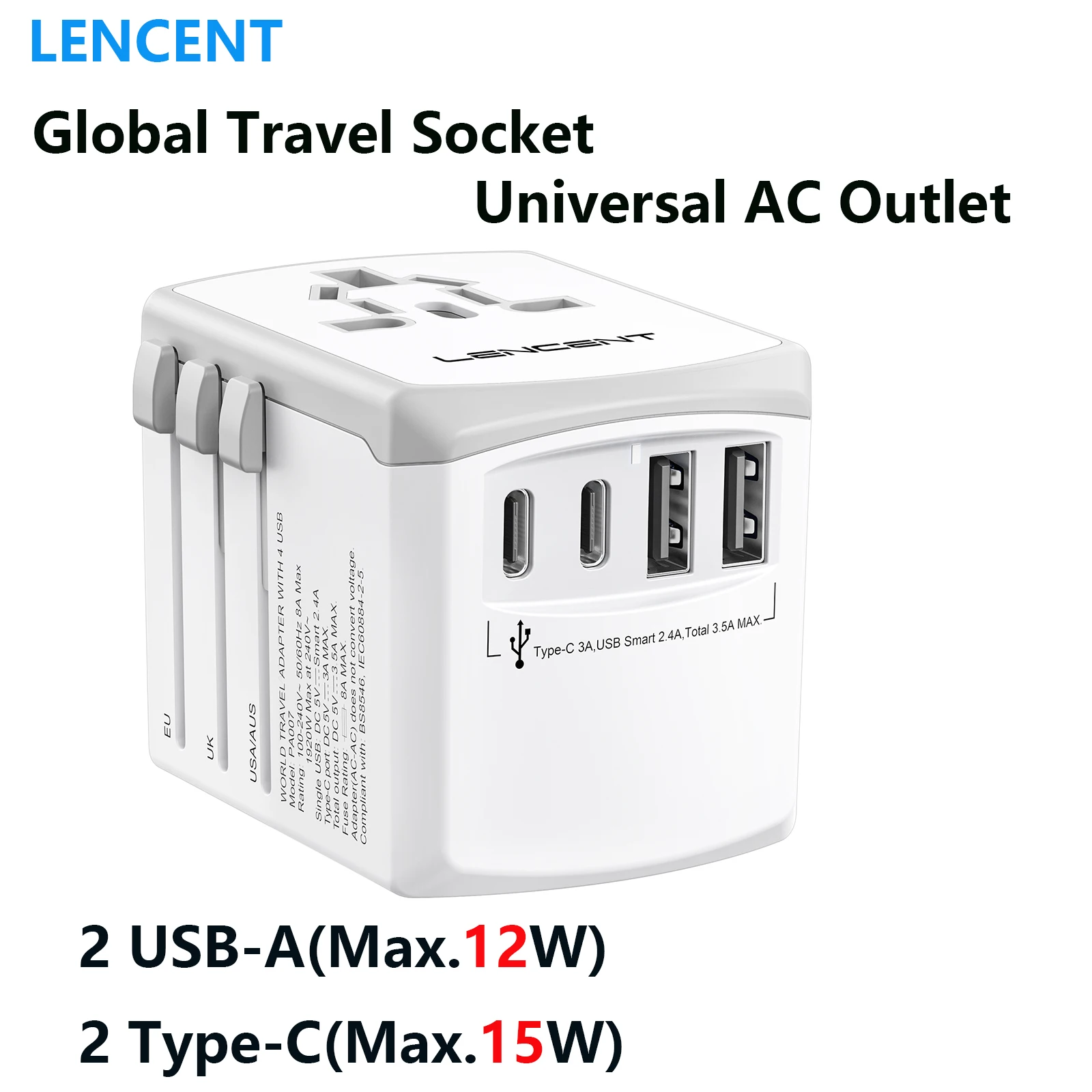 LENCENT Universal Travel  Adapter International  Plug Adaptor with 2 USB-C +2 USB-A Ports Wall Charger for EU UK USA AUS Travel
