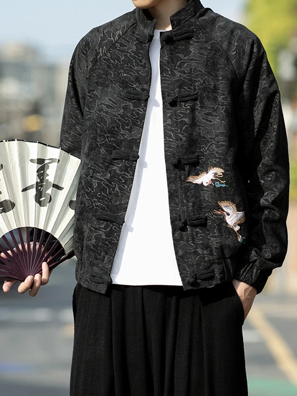 معطف رجالي كاجوال فضفاض ومطرز من Ele مطرز بنمط تنين طويل Sve بأزرار وياقة واقفة معطف ريترو Sle #2