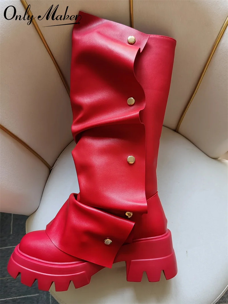 Onlymaker Women Plaftorm Red Fold Over Boots Block Heel Round Toe Western Pull on Fashion Mid-Calf Female Boots