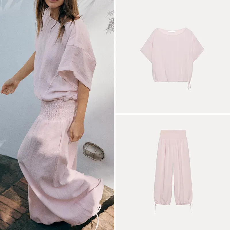 ZADATA Women's round Neck Loose Wide Leg Pants Shirt Tuck in Summer Fashion Set mid Waist Lantern Pants Short Sleeve Shirt