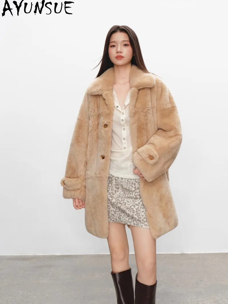 AYUSNUE Women Rex Rabbit Fur Coat Small Lapel Loose Fit Vintage Minimalist Fur Coats Mid Length Female Winter Clothes Real Fur
