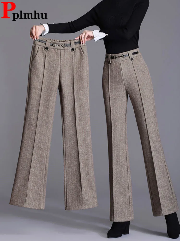 

Fall Winter Thick Woolen Formal Flare Pants Women Elastic High Waist Office Skinny Pantalones Korean Ol Slim Ankle Length Calcas