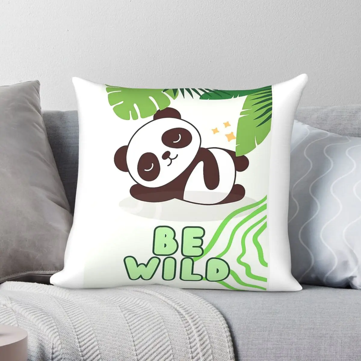 Cute Panda Wild Square Pillowcase Polyester Linen Velvet Pattern Zip Decorative Sofa Cushion Cover