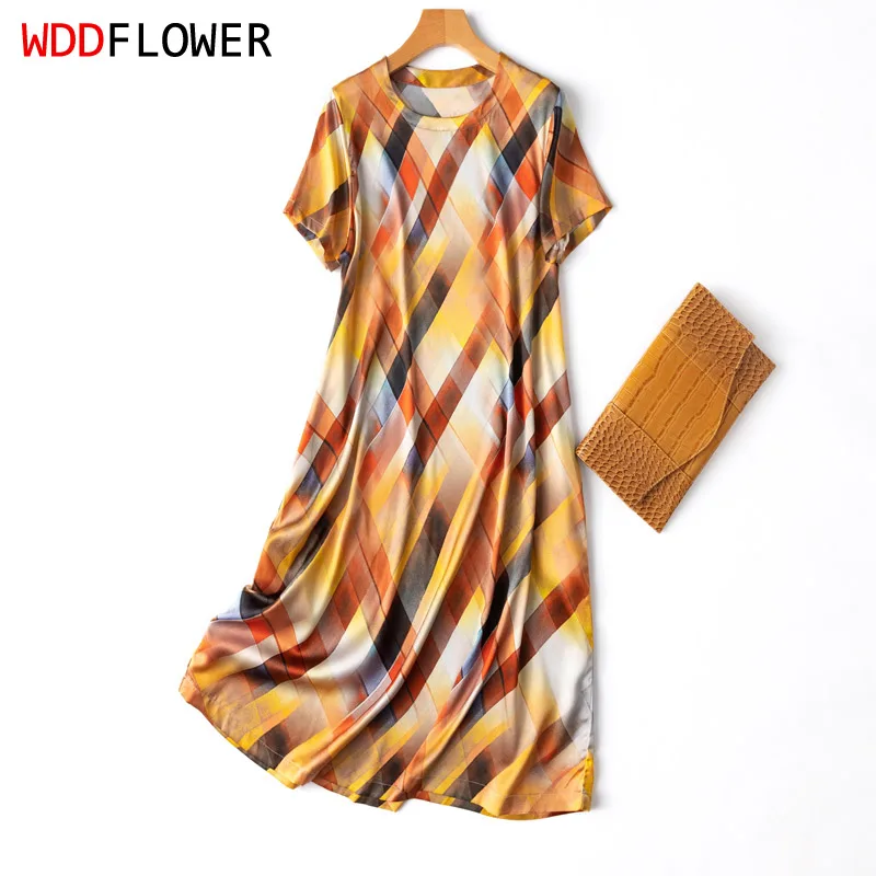 

Women Dress 93% Mulberry Silk 7% Spandex 19 Momme Charmeuse Silk Short Sleeve Checks Printed A Line Long Dress Summer MM294