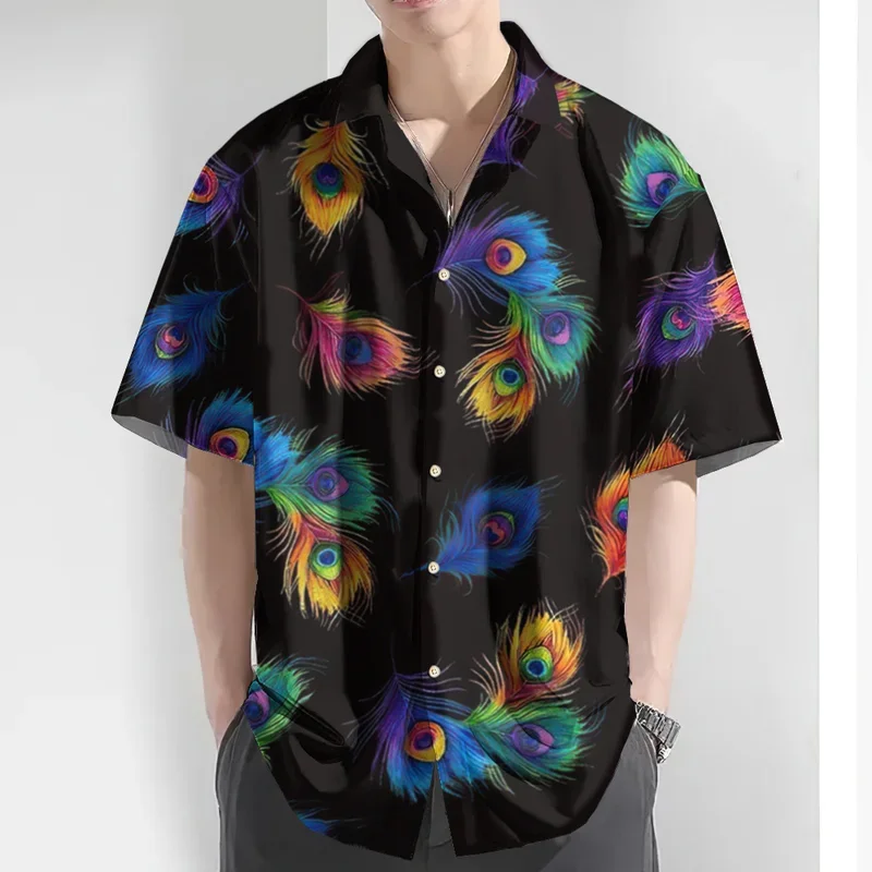 Fashionable summer men's shirt 3D peacock feather print Hawaiian shirt men's daily casual clothing loose oversized collar shirt