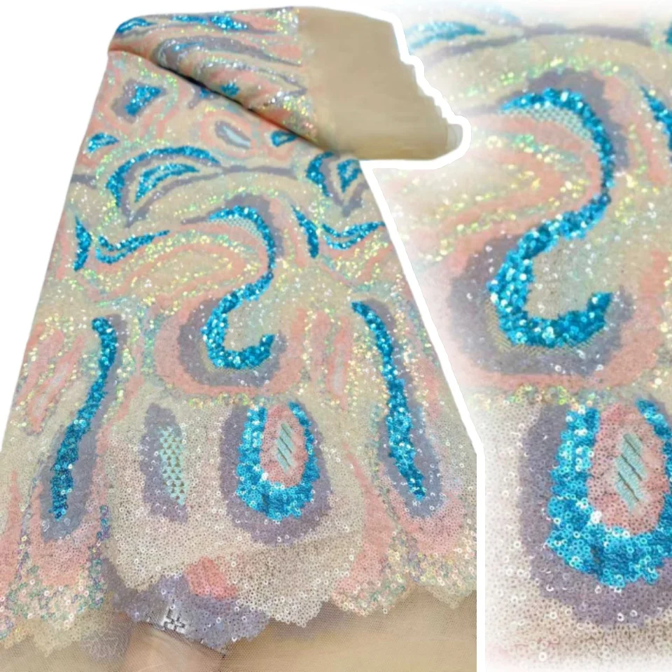 

Синий 2025 новейший африканский нигерийский высокое качество с тюлем, кружевные тканевые платья, блестки, гипюровая вышивка, 5 ярдов, TP1409