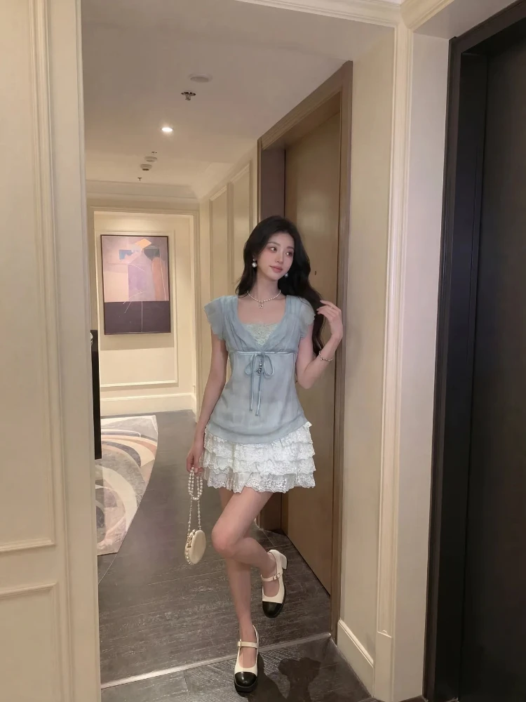 

Y2k Sweet Short Sleeve Solid T-Shirt Lace Patchwork + Mini Fluffy Skirt Two-Piece Set Japanese Vintage Women Spring Summer