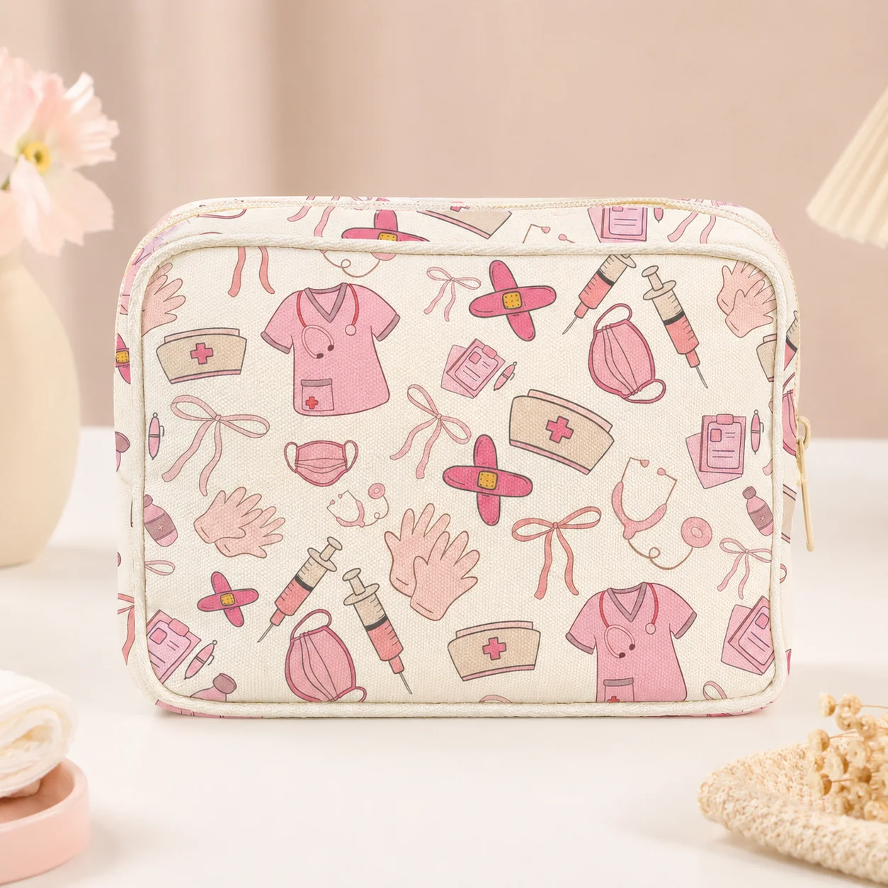 Cute Pink Nurse Print Medicine Bag, Large Capacity First Aid Organizer for Women, Nurses, Travel, Home & Emergency