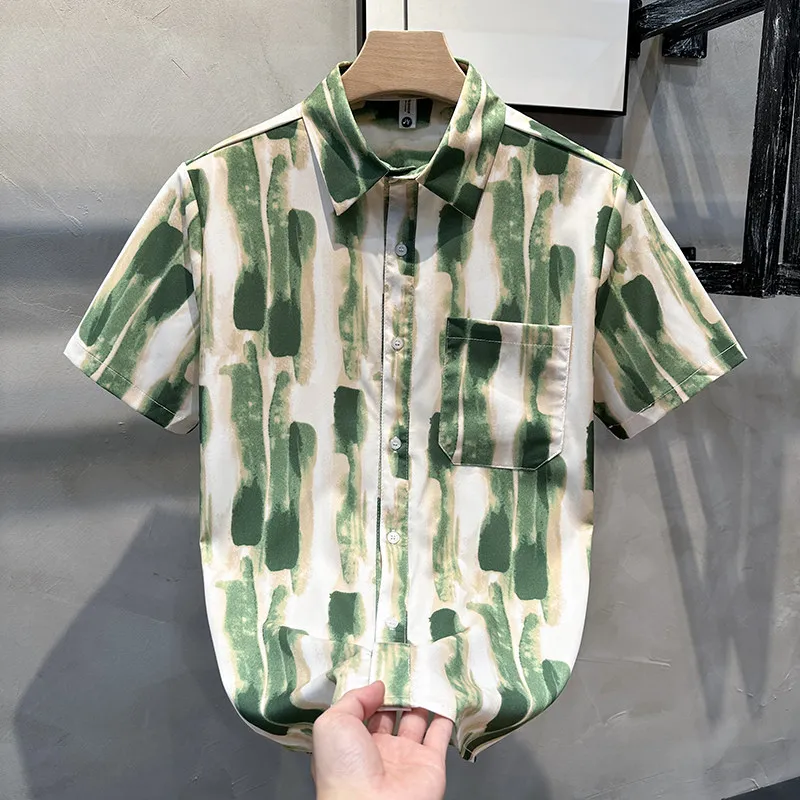 Men's casual party fashionable summer short sleeved shirt, Lapel Hawaiian vacation beach shirt, Ropa Hombre size S-5XL