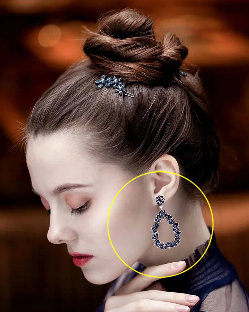 SINLEERY Big Hollow Teardrop Earrings For Women Blue Gray Zircon Long Earring Retro Jewelry Accessories ES623