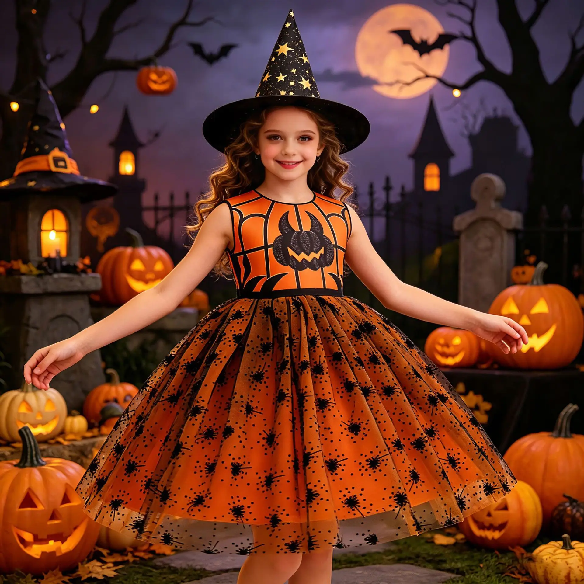 Girls Halloween Pumpkin Witch Costume Tutu Dress Spider Web Tulle Skirt+Hat+Candy Bag Kids Cosplay Party Outfit 3pcs 2-10 Years