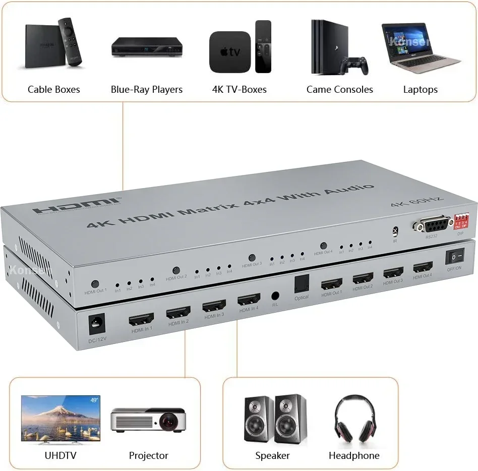 4K@60Hz HDMI Matrix Switch 4x4 with Audio Extractor 4 in 4 out HDMI 2.0 Matrix Switcher Splitter Selector box HDR HDCP2.2 18Gbps