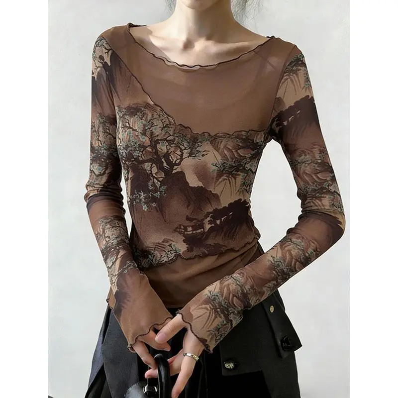 

Vintage Fitted Long-sleeve Top Printed T-shirt Casual Trendy Luxury Patchwork Sexy Tees Women Clothes Aesthetic Y2k Top Kawaii