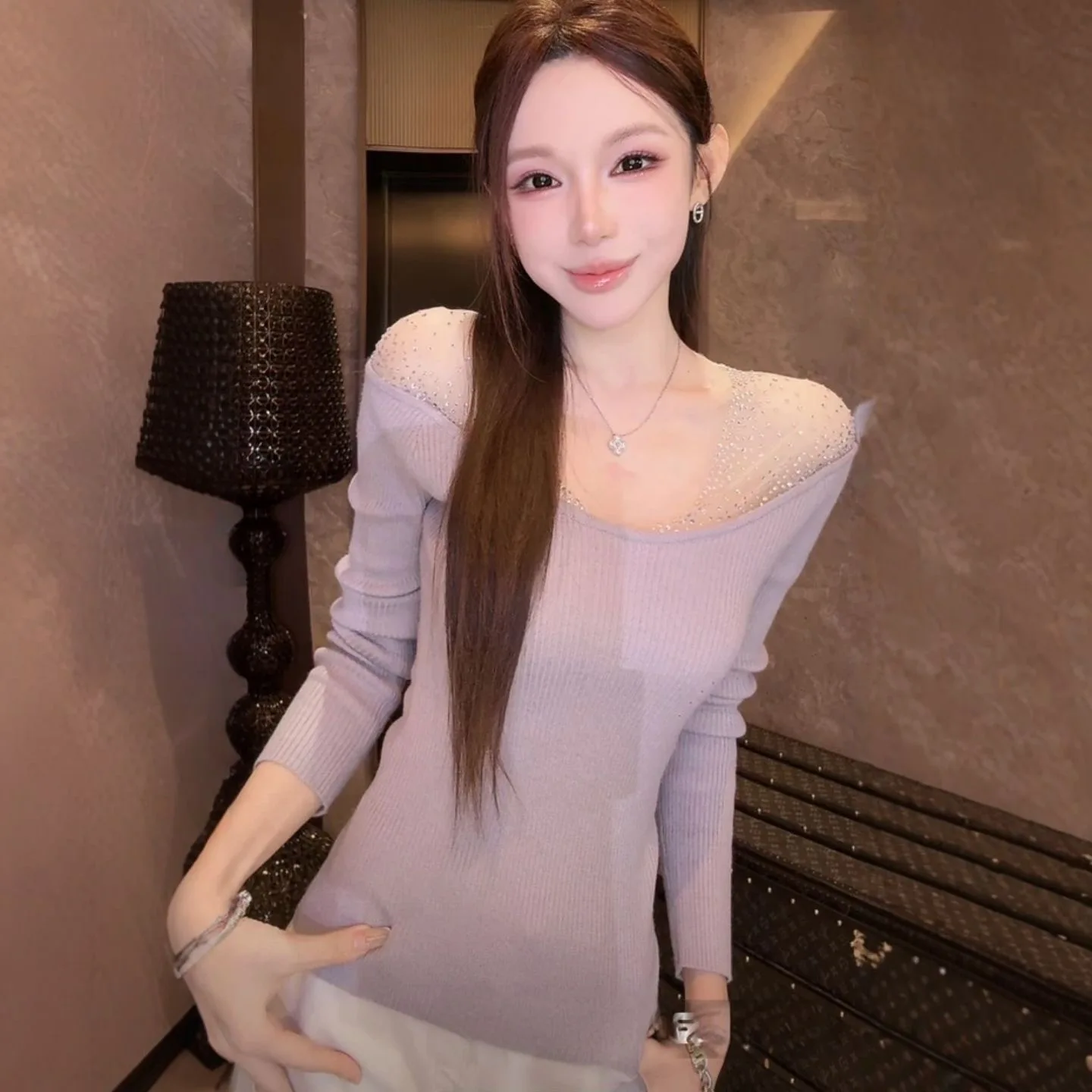 

Slim Fit Knitted Sweater Women's New Sle High Gloss Sexy Diamond Splicing Inner Wear Versatile Long Sve
