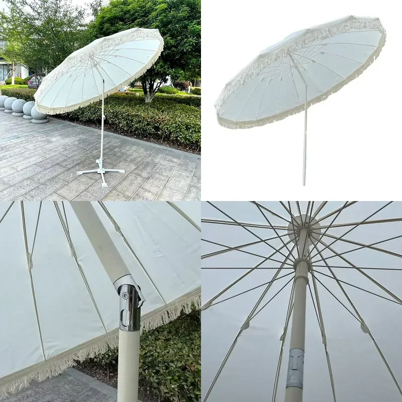 2M 16 Rib Beach Umbrella with Fringed Retro Design Custom Printed Sunshade for Outdoor Patio Garden Shade Protection