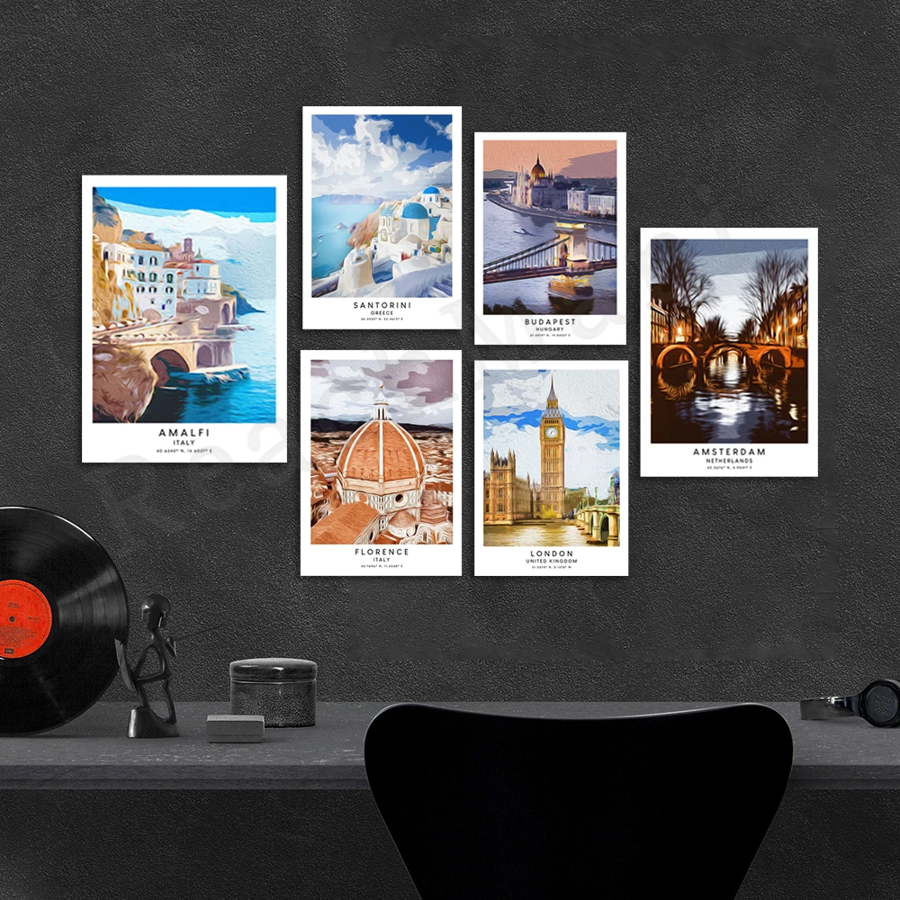 Amalfi, Amsterdam, Santorini, London, New York, Rome, Paris, Florence, Budapest oil painting effect print wall art travel poster