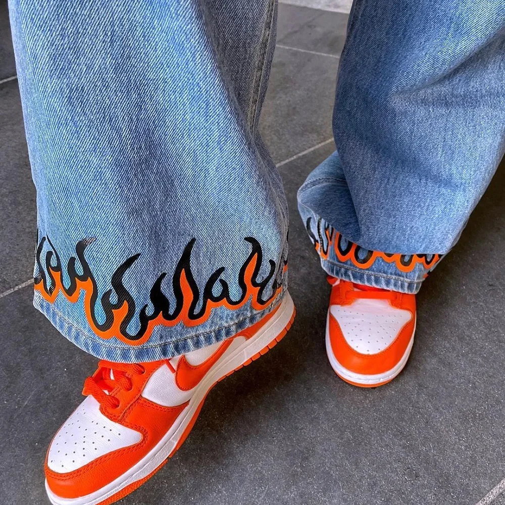 Blue Denim Flame Print Streetwear Loose Jeans Zipper High Waist Bad Guy Clothes Straight Leg Pants Ladies Pocket Trousers