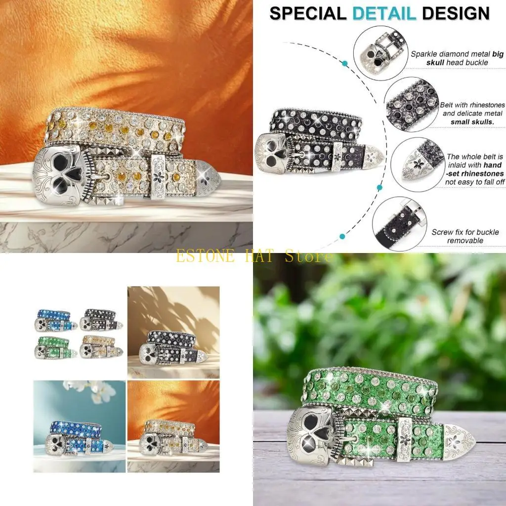 

49MF Ремень со сверкающим черепом и стразами, пояс унисекс для взрослых с заклепками для брюк