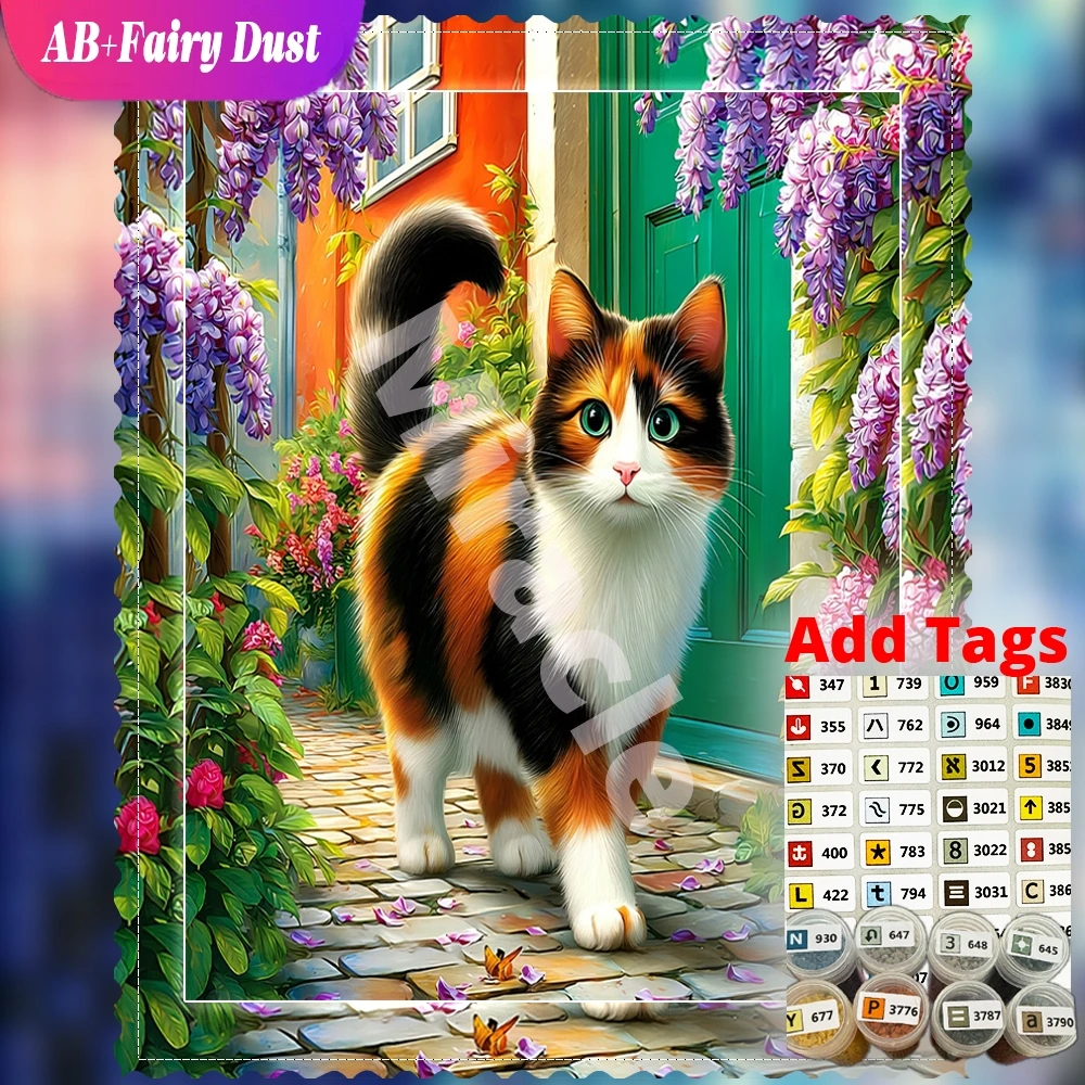 DIY Diamond Mosaic calico cat cobblestone flowers Full Square Round Romantic Art AB Fairy Dust Animal Embroidery Wall Decor