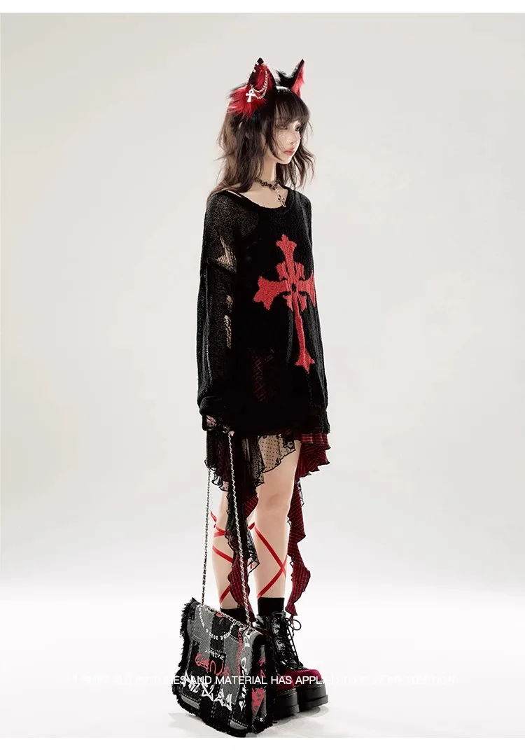 Dark Rock Classic Black Red Tear Ripped Fashion Sweaters Women Gothic Holes Oversized Cross Embroid Long Jumpers Sweater