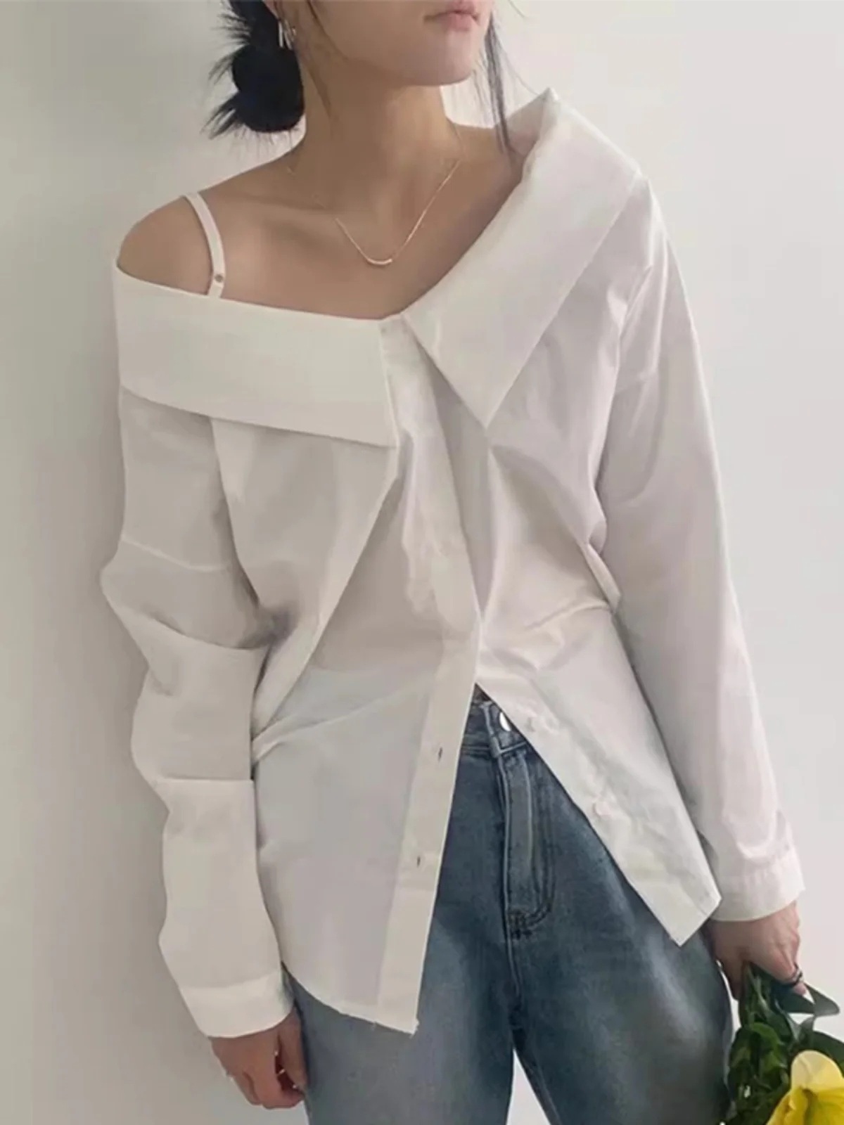 Csa de manga larga con un solo hombro para mujer, nuevo diseño e de doble cara, hoada, estilo coreano, Color puro...