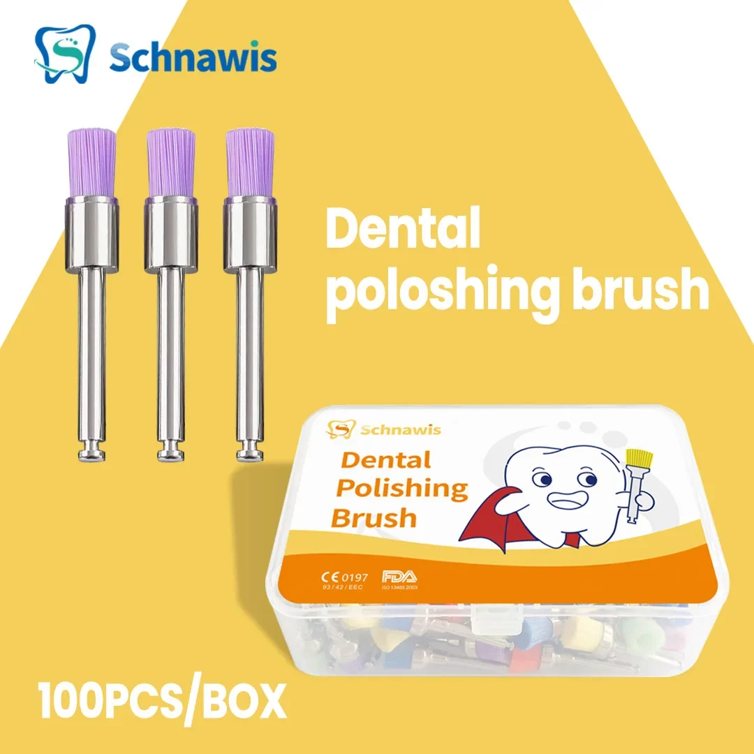 100 sztuk/pudło Dental Prophy Brush szczoteczki do polerowania zębów zatrzask typu śrubowego szczotka z nylonowym włosiem do usuwania plam i