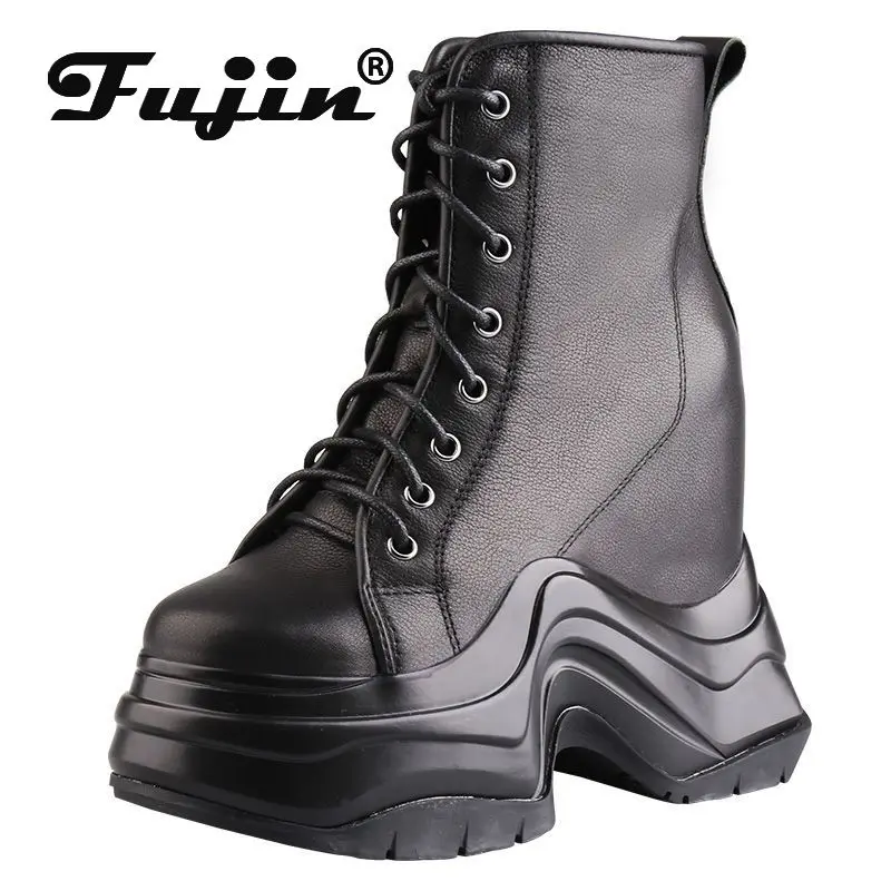 Fujin 13.5cm 2024 Cow Genuine Leather Wedge Breathable Chunky Sneakers Platform Casual Ankle Booties Winter Plush Spring Shoes