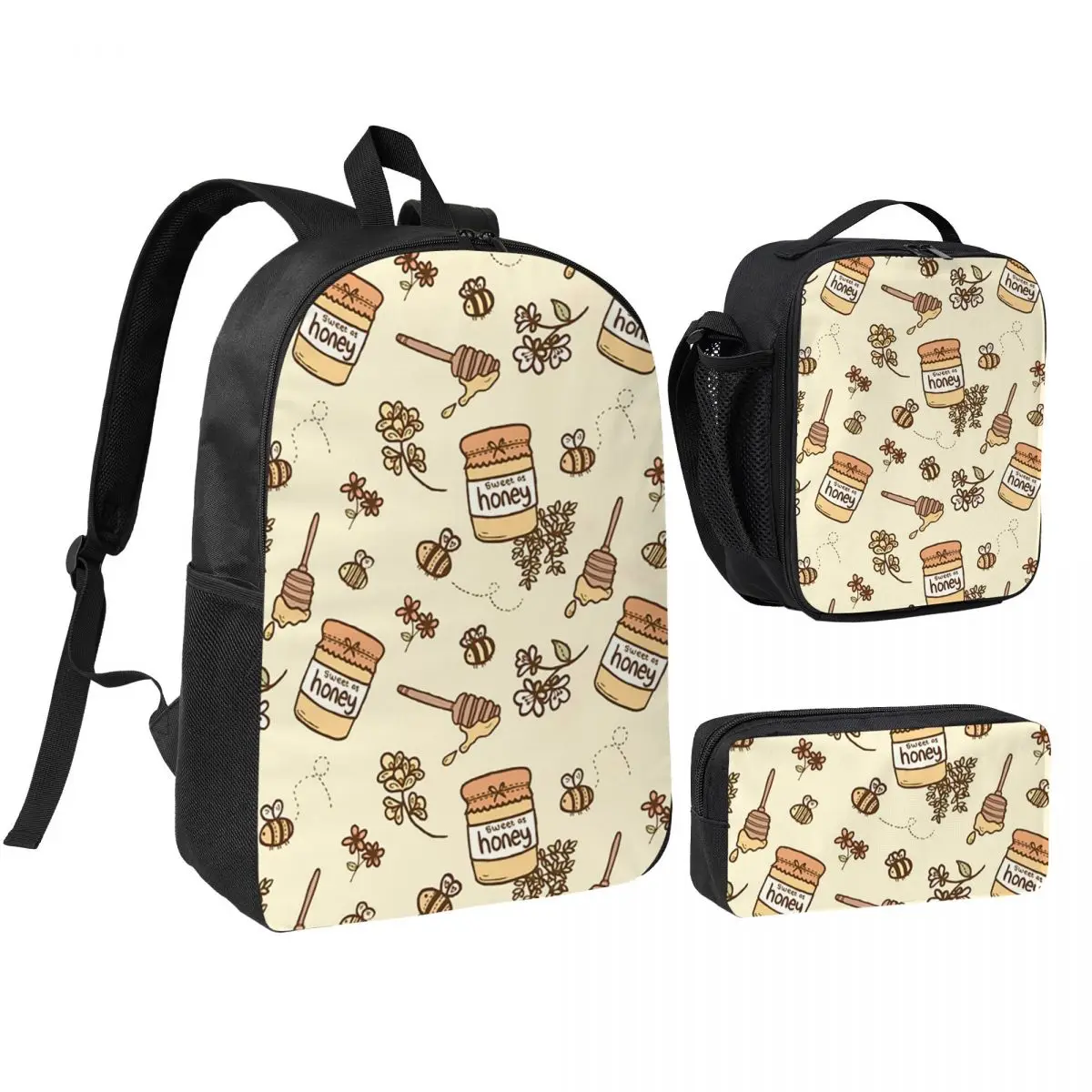 Bees And Flight Trajectory Pattern Backpack Student BookBag School Bag Shoulder Bags 3ps Insulated Lunch Bag Pencil Case