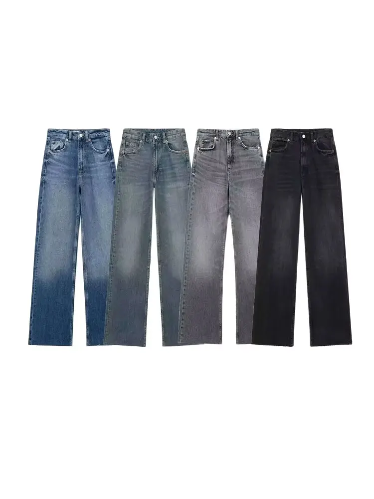 

TRAFZA 2024 Women's Street Trendy Denim Jeans Deconstructed Trousers Embellished Mid-Waist Wide Leg Pockets Versatile Jeans