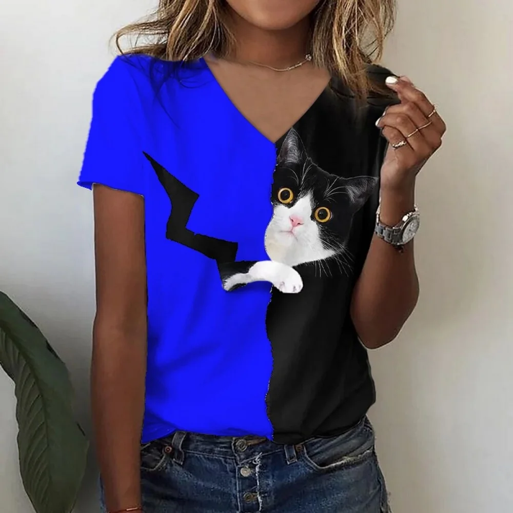 3D Funny Cats Print T Shirts For Women V-neck Short Sleeve Casual Fashion Kawaii Graphics T-shirt Oversized Female Girls Clothes