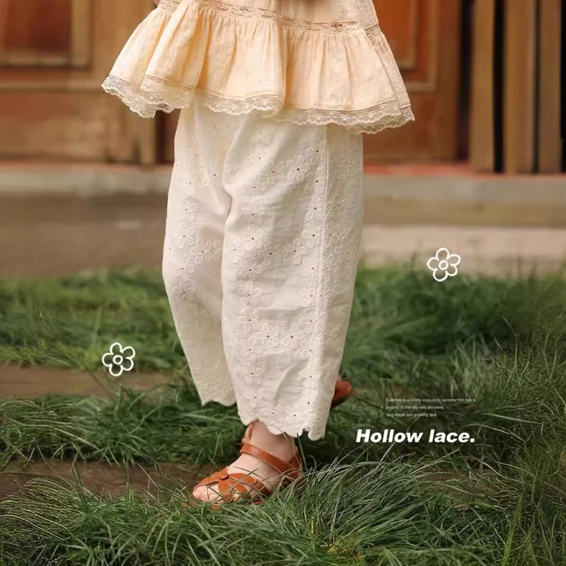 Girls Retro Hollow Floral Pants Summer New Temperament Chic Baby Girl Garden Style Cute Casual Elastic Waist Straight Pants