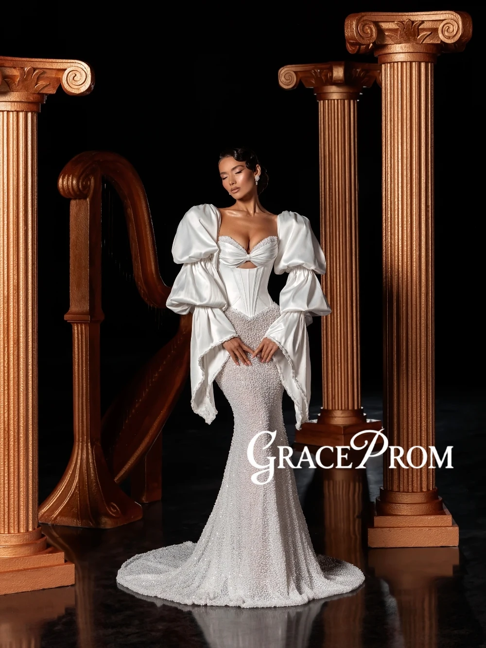 

Dramatic Puffed Satin Sleeves Wedding Dress Chic Pearls Mermaid Bridal Gown Customized Newest Charming Corset Noble Bride Wear