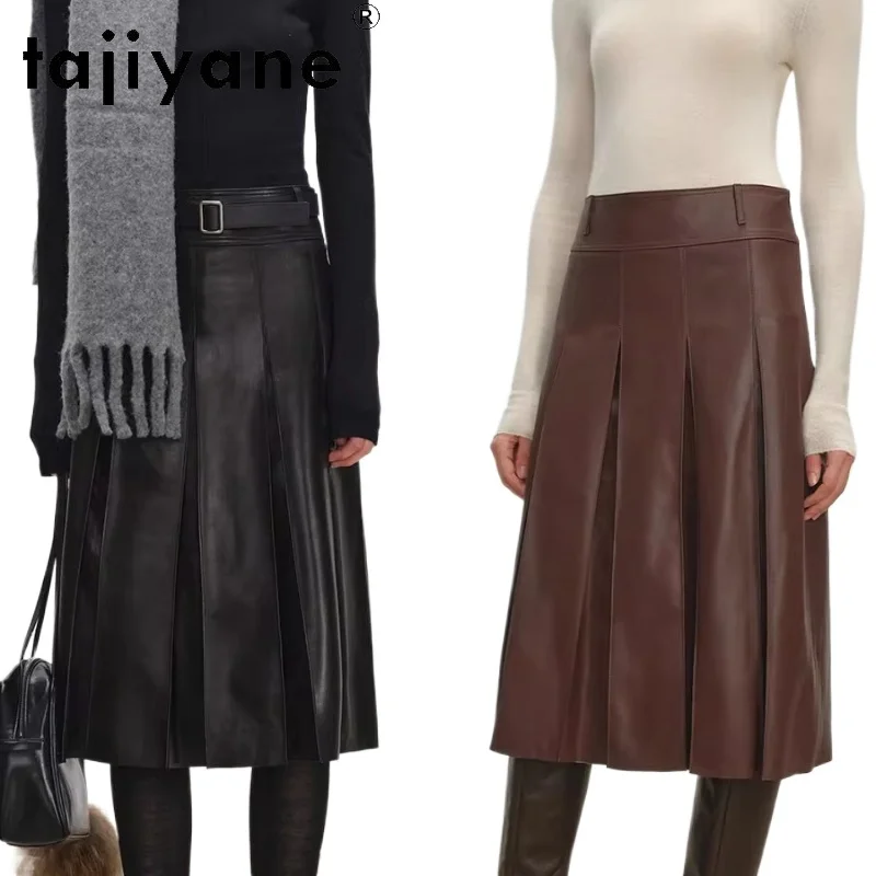 TAJIYANE 100% Real Sheepskin Midi Skirt for Woman Vintage A-line Pleated Genuine Leather Skirts Premium Spring Clothes 2026 юбка