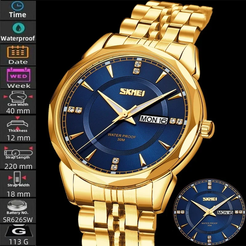

Skmei Роскошные водонепроницаемые часы с ремешком из нержавеющей стали и циферблатом со стразами для мужчин, дата, неделя, аналоговый дисплей, кварцевые часы-браслет